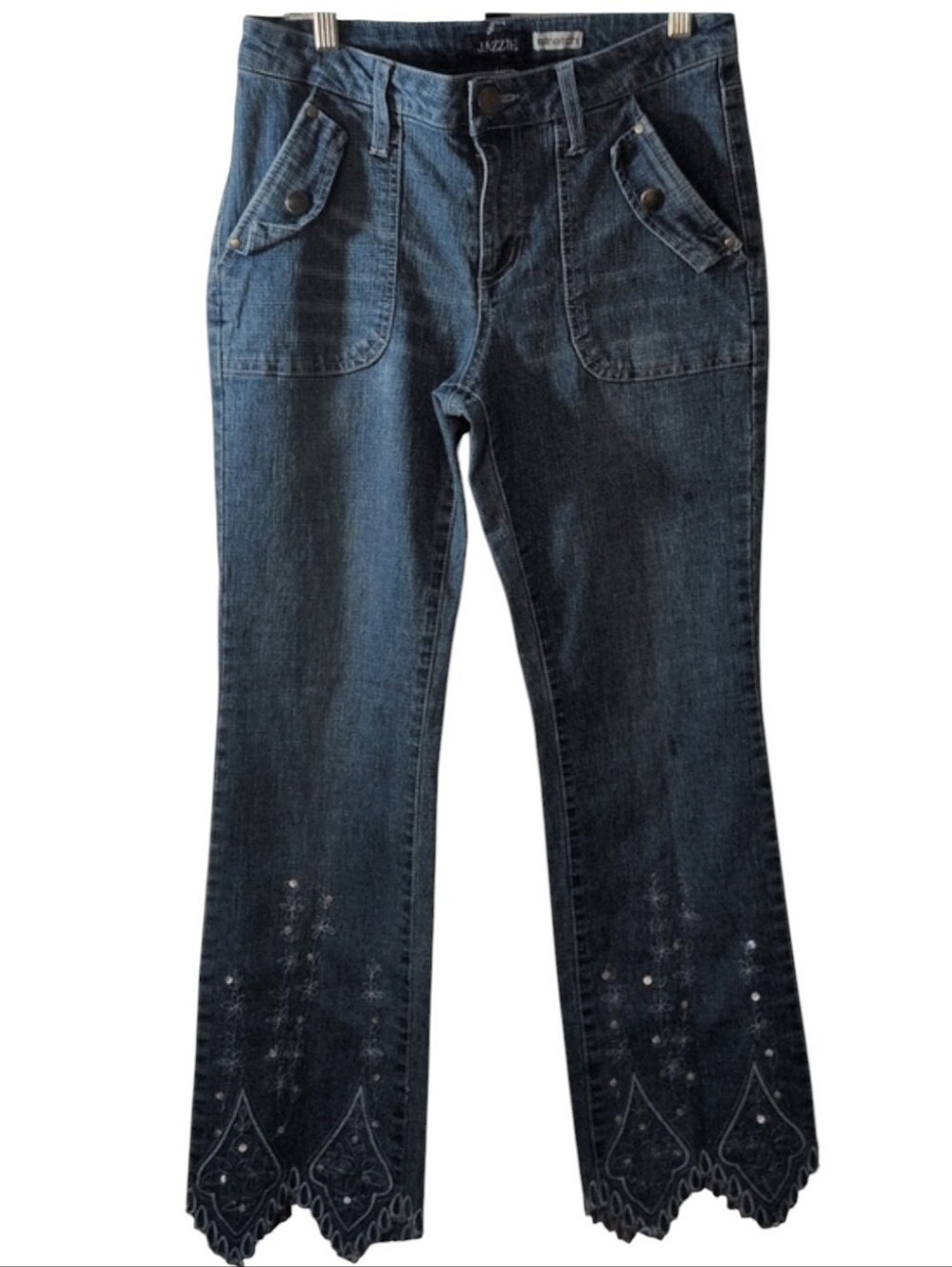 Embellished Blue Flare Jeans with Scalloped Hem, Size 9/10